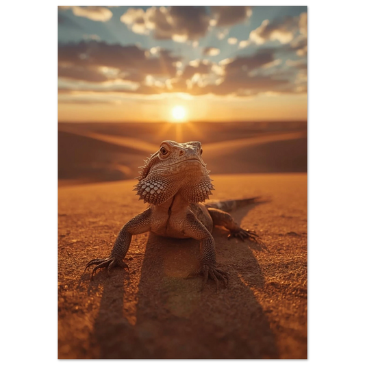 Skäggagam som blickar ut över en sandöken i solnedgång – fotorealistisk poster