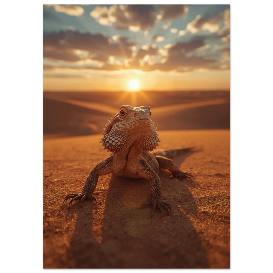 Skäggagam som blickar ut över en sandöken i solnedgång – fotorealistisk poster