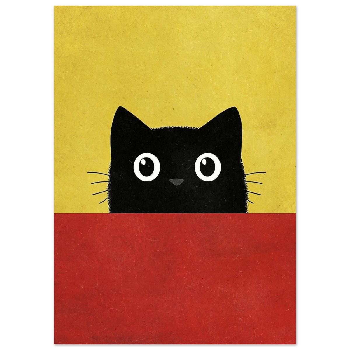 Minimalistisk illustration av en nyfiken svart katt mot gul bakgrund