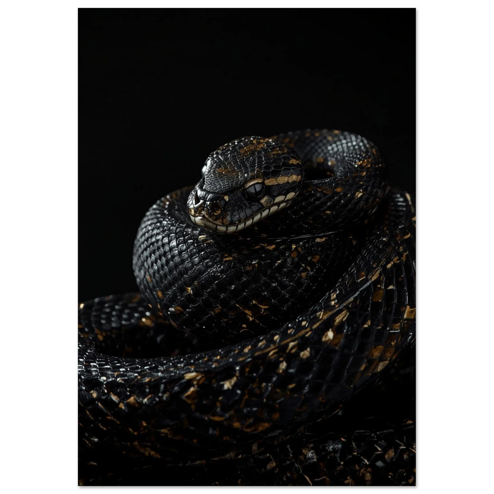 Mörk reptilposter med fokus på ormens huvud och guldstänkta fjäll