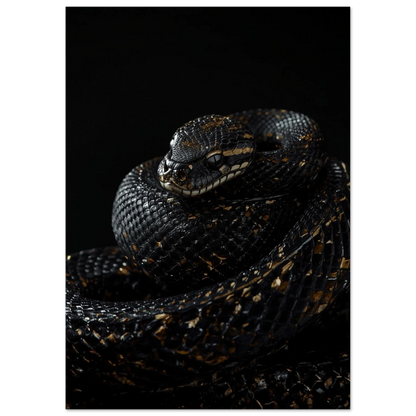 Mörk reptilposter med fokus på ormens huvud och guldstänkta fjäll