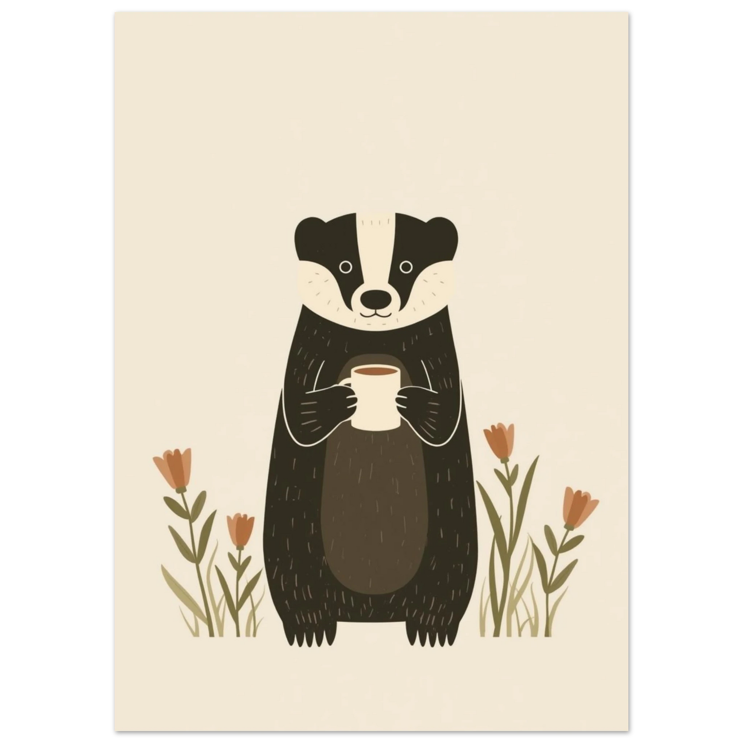 Närbild av tecknad grävling med kaffekopp och en lugn bakgrund – Tecknad poster