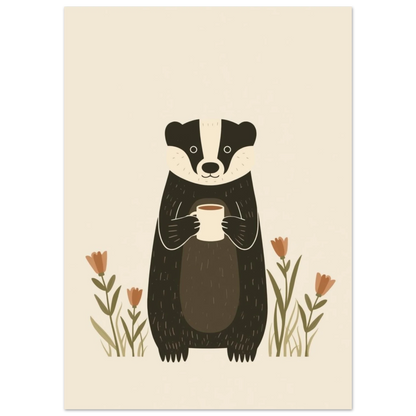 Närbild av tecknad grävling med kaffekopp och en lugn bakgrund – Tecknad poster
