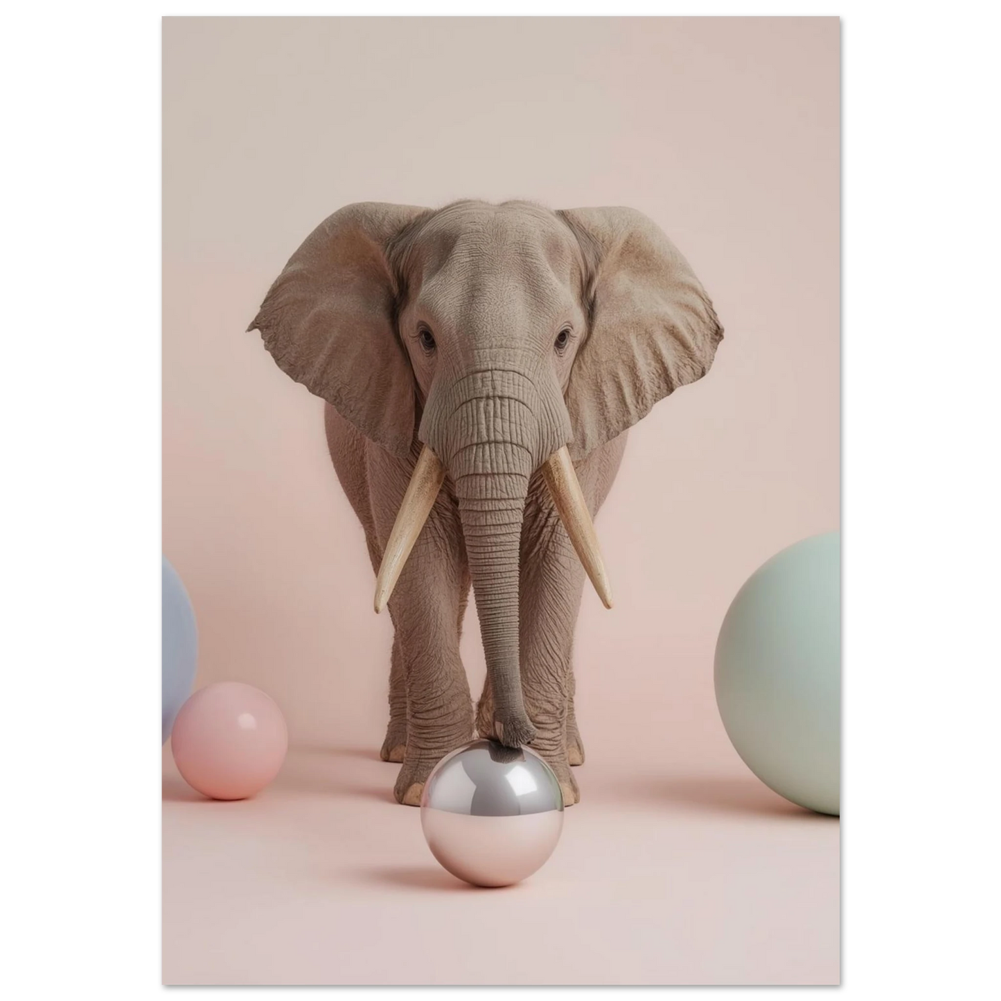 Elefant med betar framför rosa bakgrund och pastellfärgade bollar – djurposter