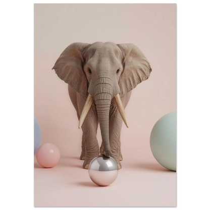 Elefant med betar framför rosa bakgrund och pastellfärgade bollar – djurposter