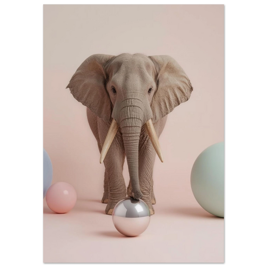 Elefant med betar framför rosa bakgrund och pastellfärgade bollar – djurposter