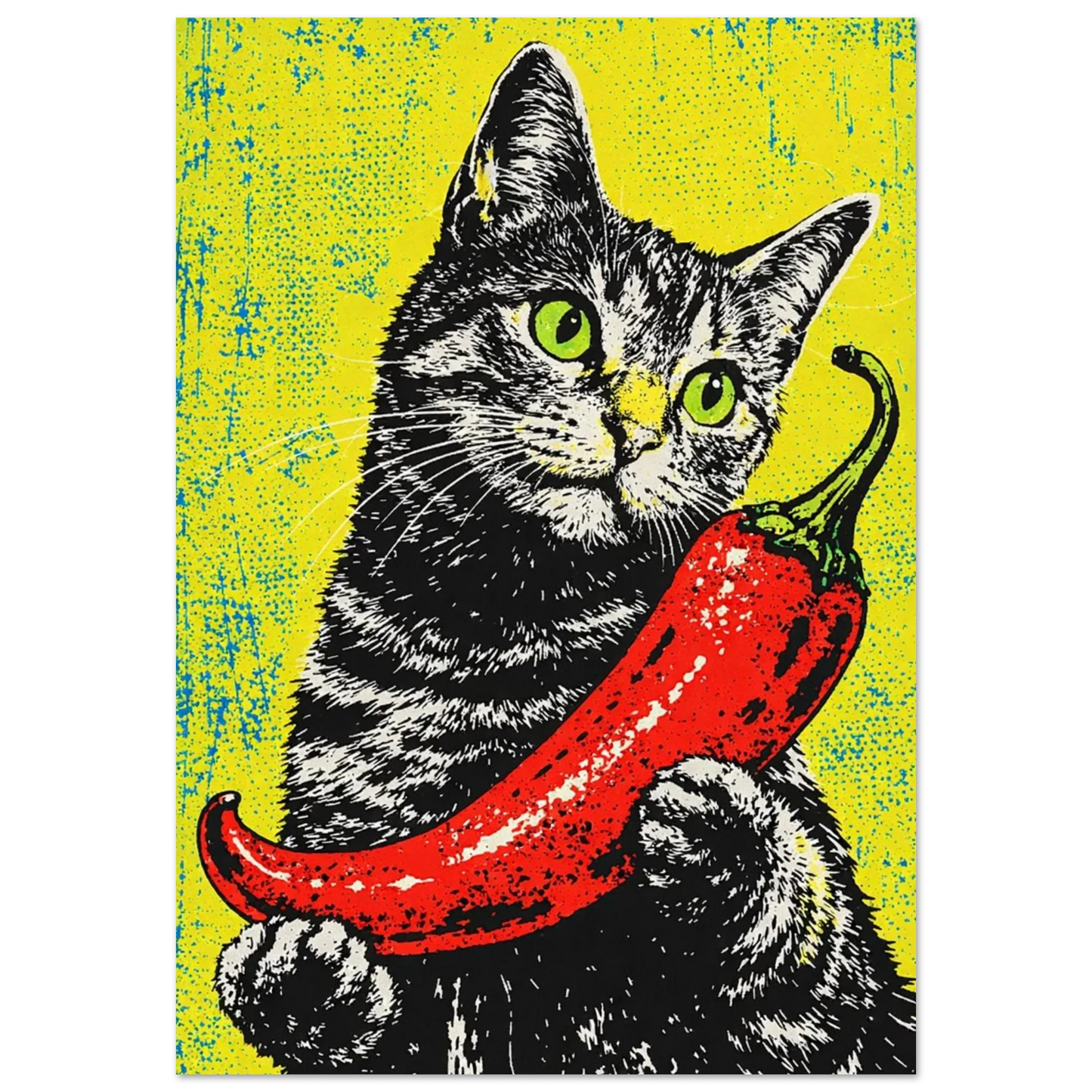 Svartvit katt med grönskimrande ögon som håller i en stor röd chilipeppar – Retro poster