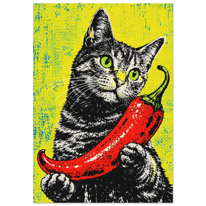Svartvit katt med grönskimrande ögon som håller i en stor röd chilipeppar – Retro poster