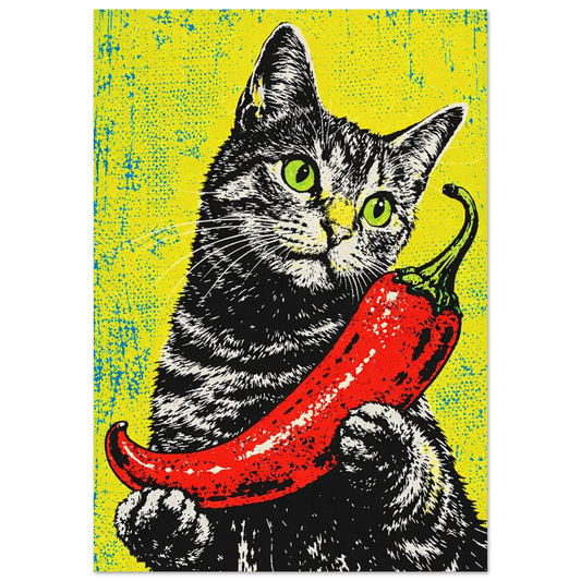Svartvit katt med grönskimrande ögon som håller i en stor röd chilipeppar – Retro poster