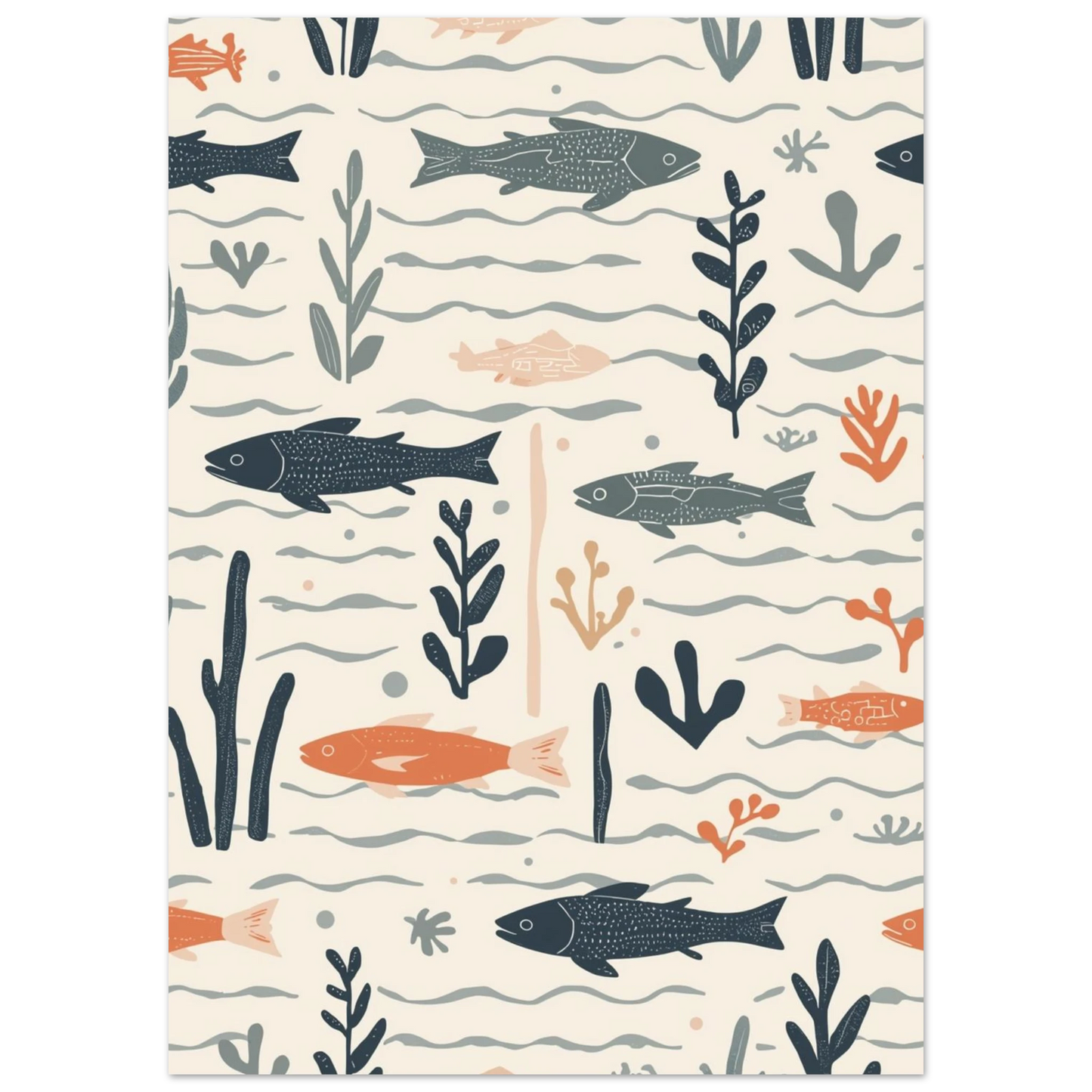 Sömlös illustration av fiskstim i skandinavisk retrostil med dämpade jordfärger