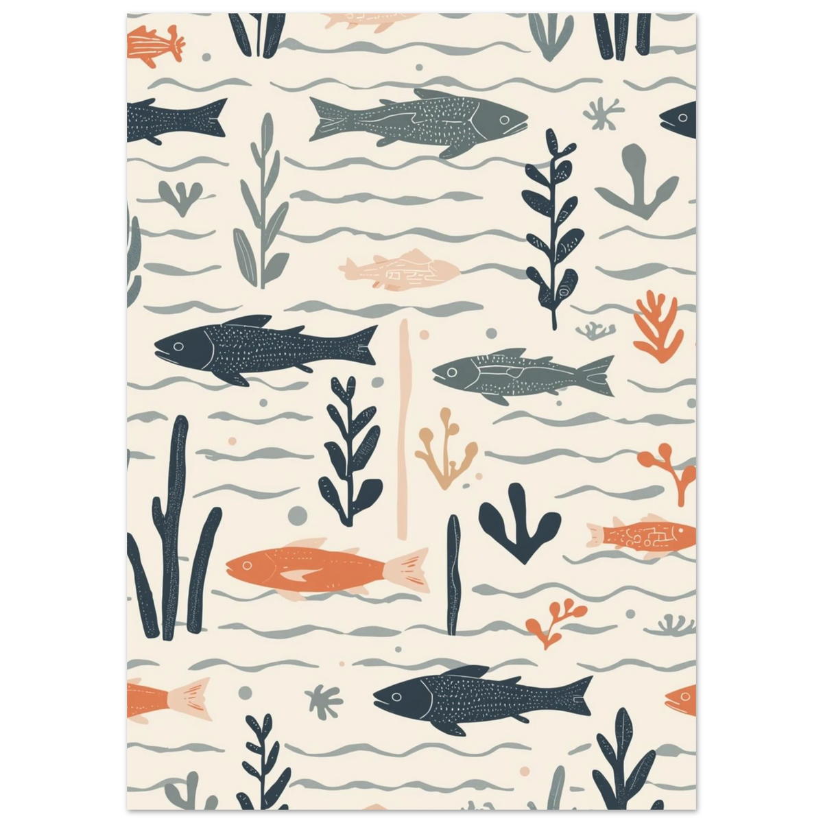 Sömlös illustration av fiskstim i skandinavisk retrostil med dämpade jordfärger