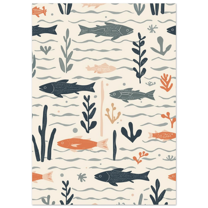 Sömlös illustration av fiskstim i skandinavisk retrostil med dämpade jordfärger