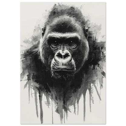 Svartvitt kolporträtt av en gorilla med intensiv blick, digital konststil.
