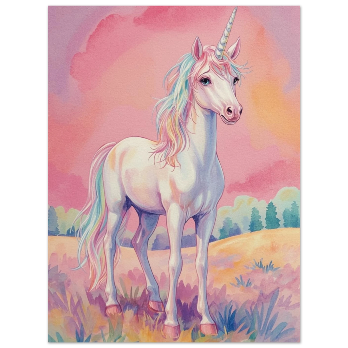 Närbild på enhörningens ansikte och horn i akvarellstil – målad poster