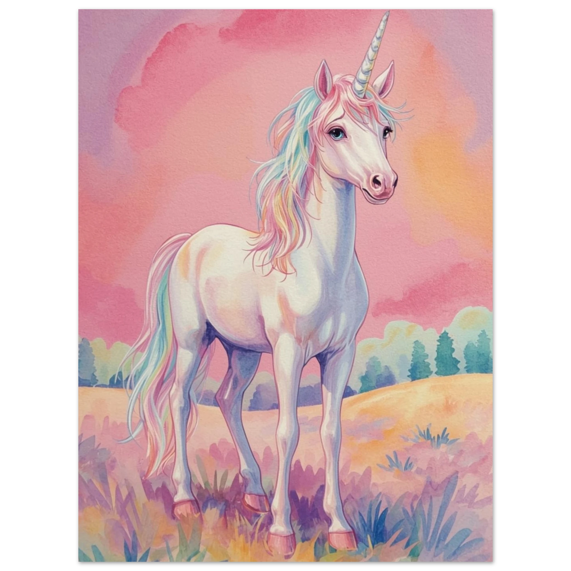 Närbild på enhörningens ansikte och horn i akvarellstil – målad poster