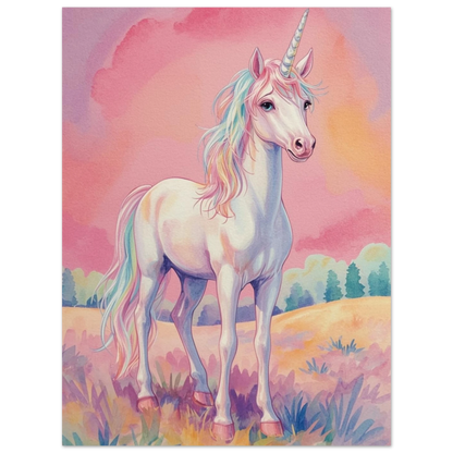 Närbild på enhörningens ansikte och horn i akvarellstil – målad poster