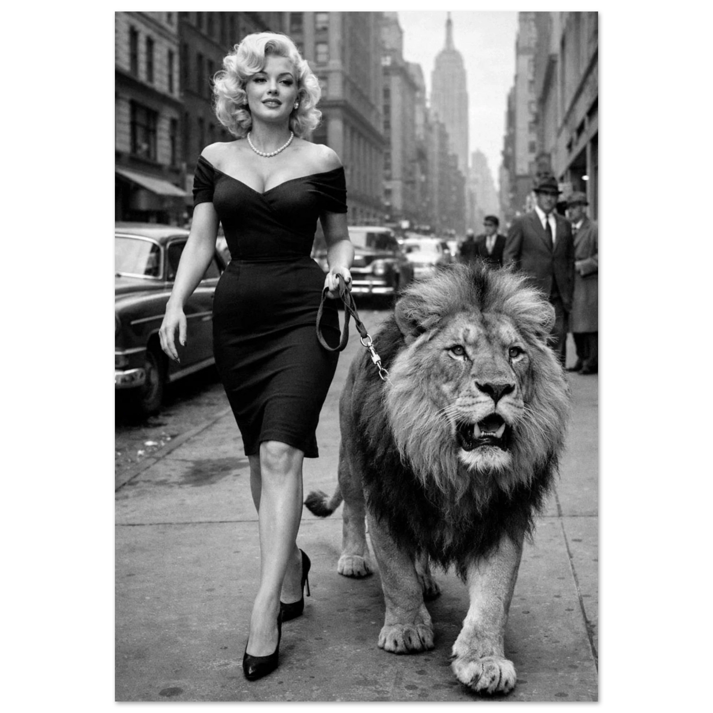 Kvinna i svart klänning som går med ett lejon i koppel på en storstadsgata – Retro poster