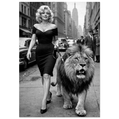 Kvinna i svart klänning som går med ett lejon i koppel på en storstadsgata – Retro poster