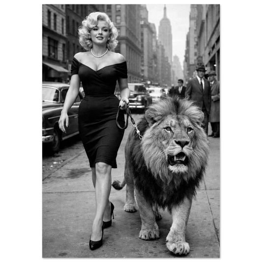 Kvinna i svart klänning som går med ett lejon i koppel på en storstadsgata – Retro poster