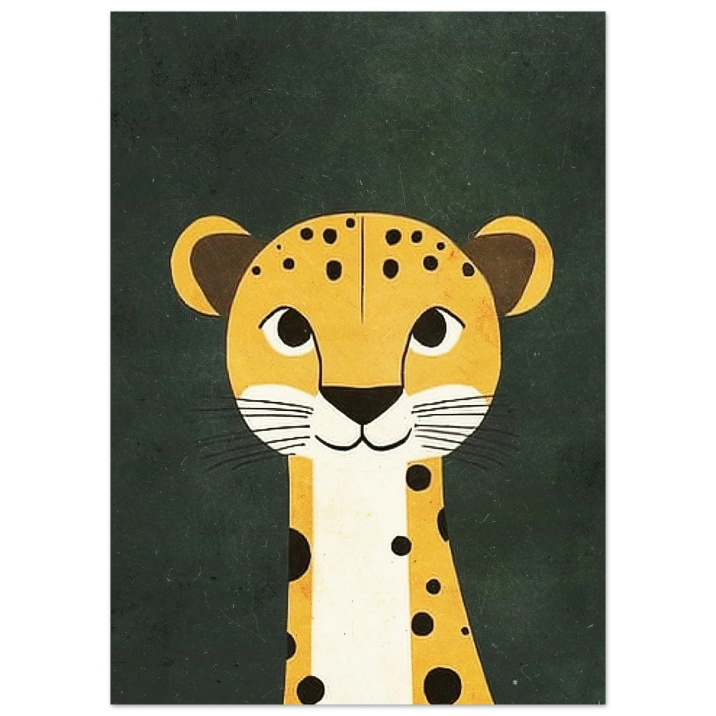 Närbild på illustrerad gepard med stora ögon och vänligt ansiktsuttryck