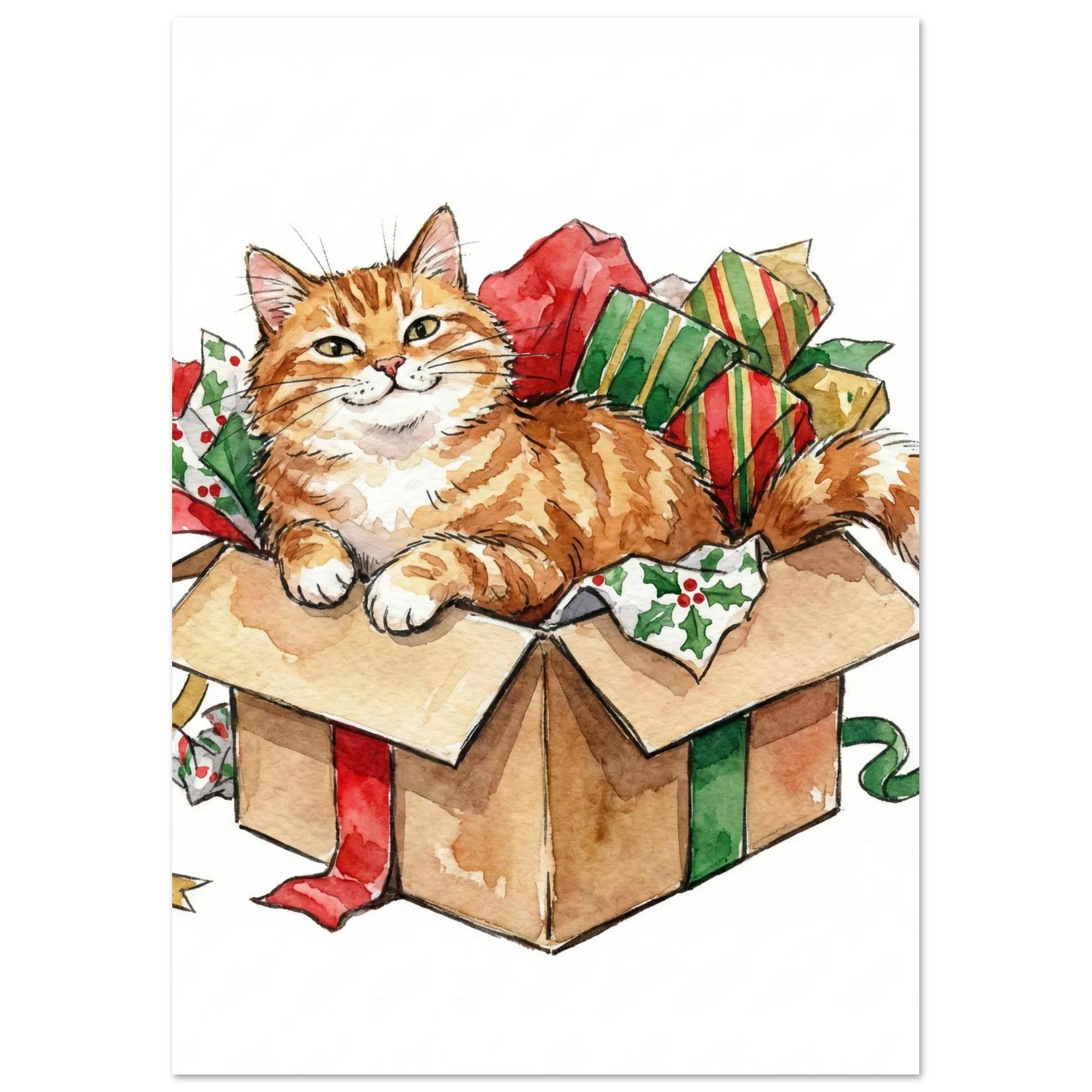 Akvarellmålning av en glad katt i en julklappslåda, festligt motiv