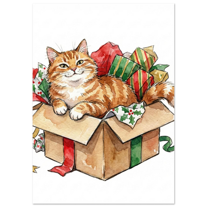 Akvarellmålning av en glad katt i en julklappslåda, festligt motiv