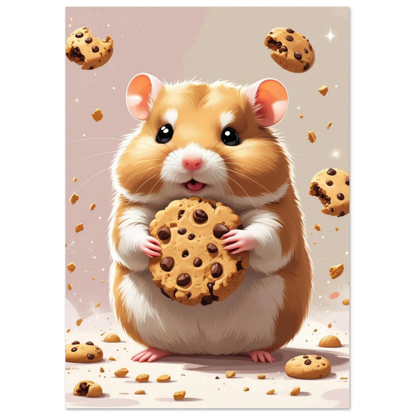 Närbild på en hamster med glittrande ögon och chokladkaka, konsttryck