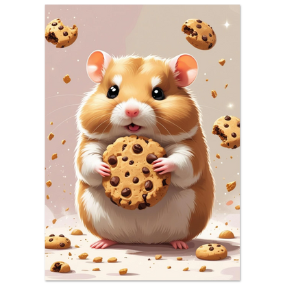 Närbild på en hamster med glittrande ögon och chokladkaka, konsttryck