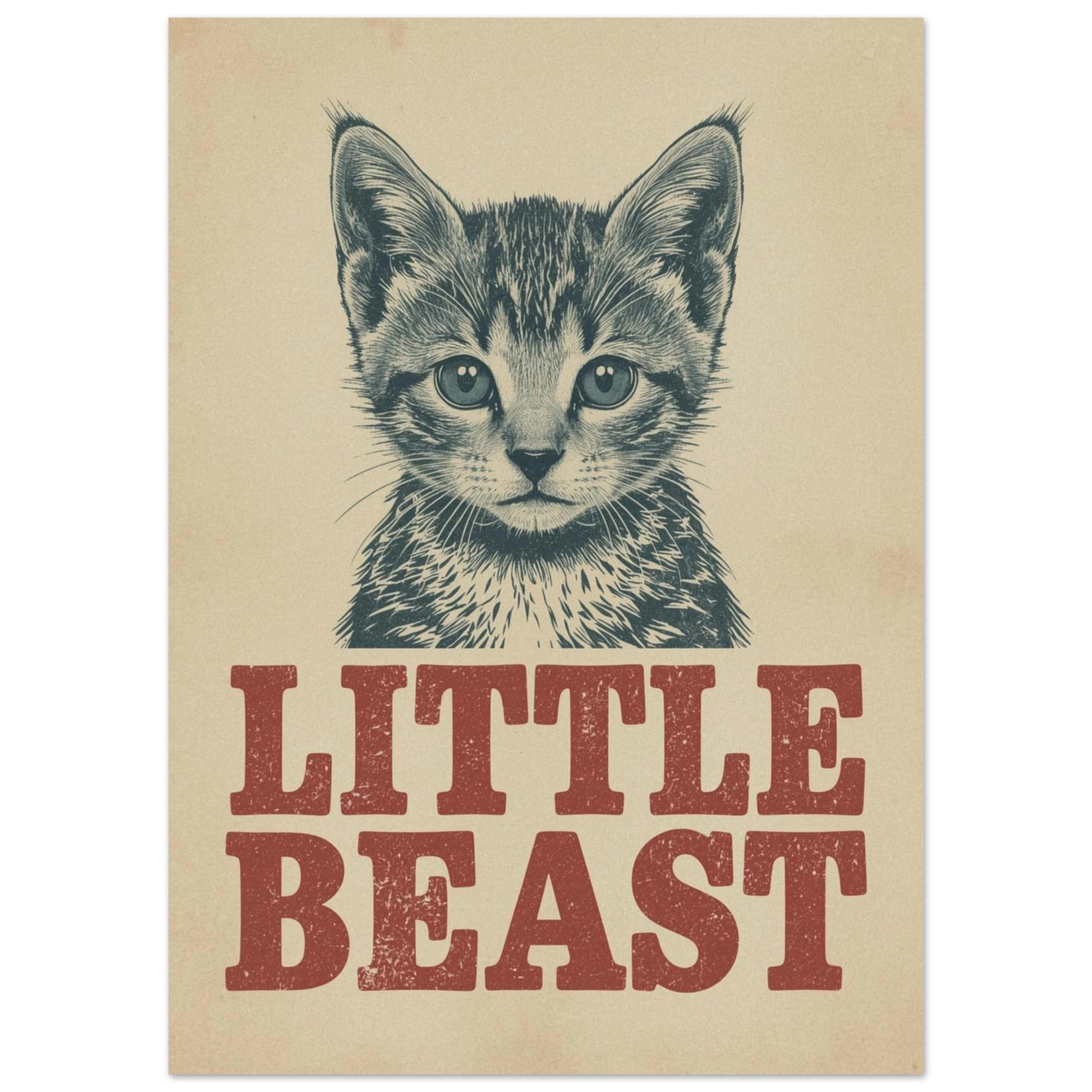Närbild på kattposter i retrostil med beige bakgrund och röd text