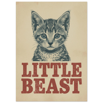 Närbild på kattposter i retrostil med beige bakgrund och röd text
