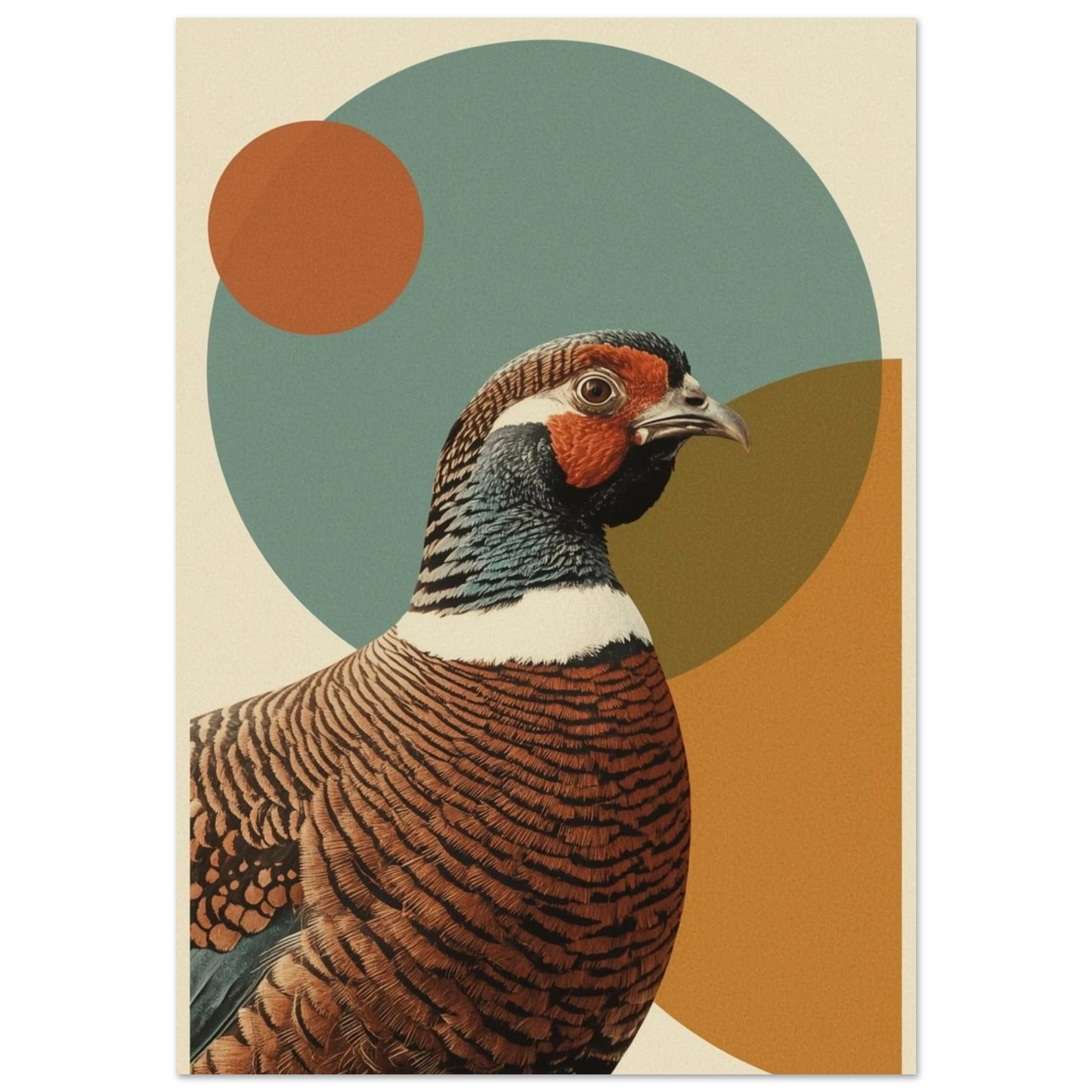 Färgglad fasan mot geometriska cirklar i dämpade färger – retro poster