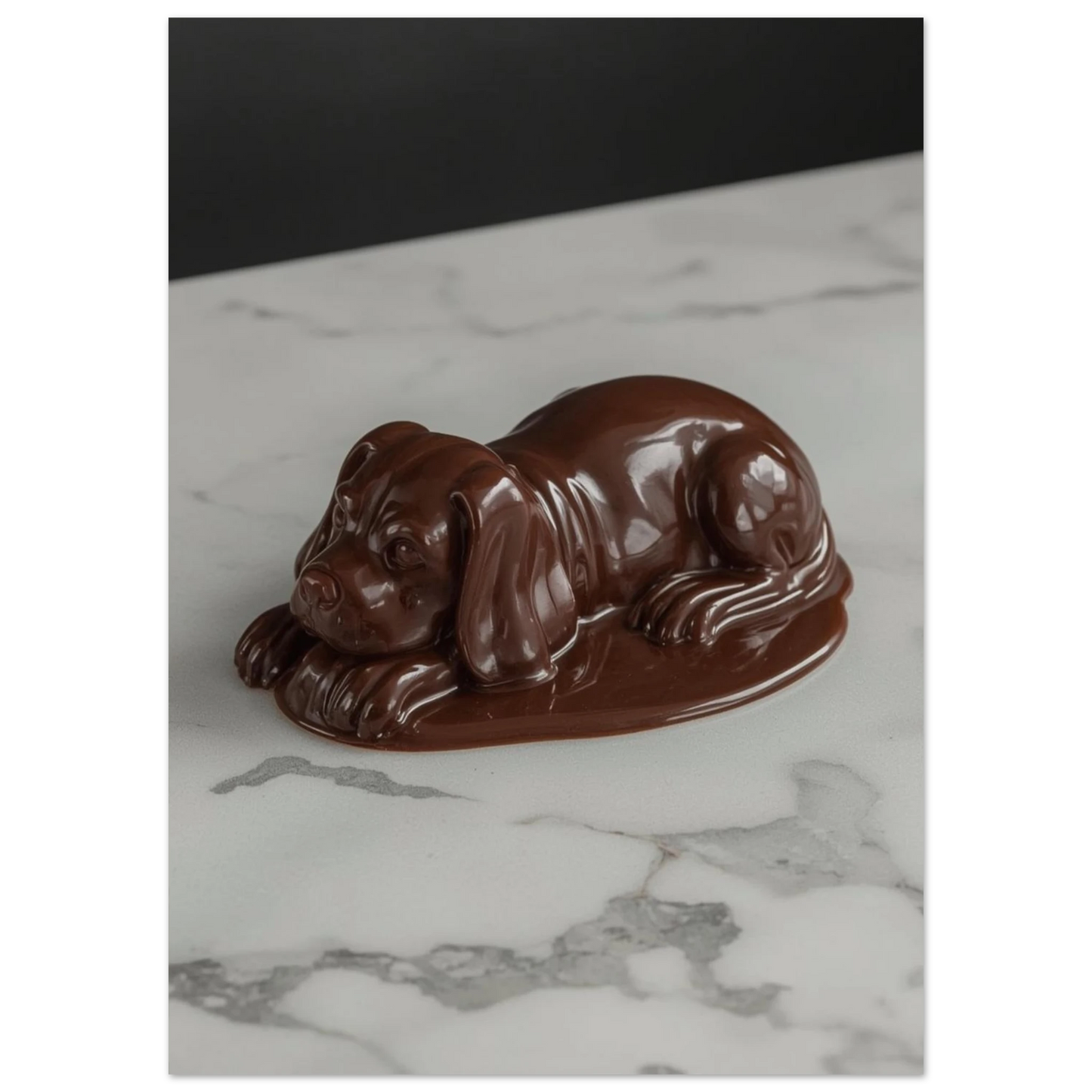 Närbild på glansig chokladhund som vilar på marmorunderlag, brun väggkonst