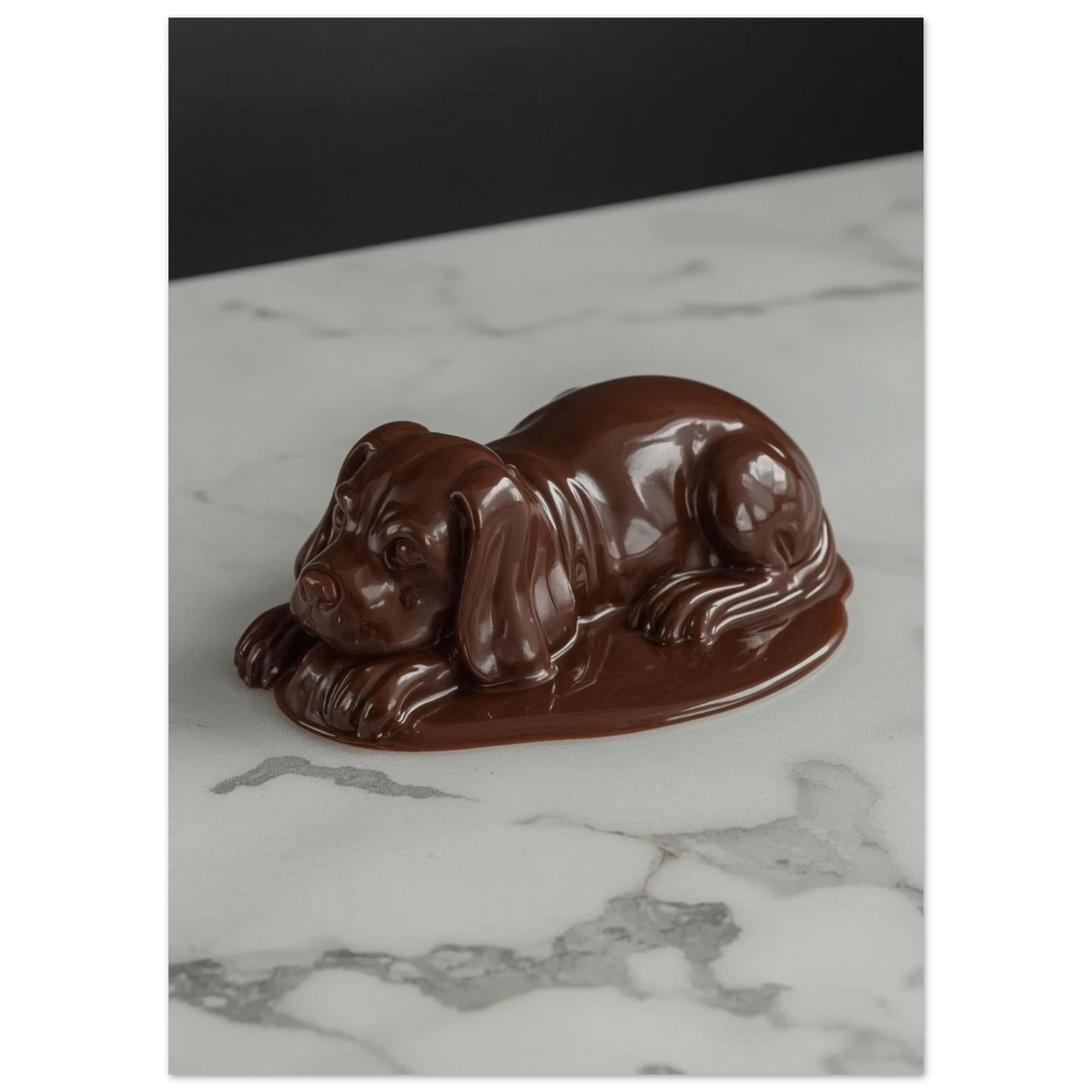 Närbild på glansig chokladhund som vilar på marmorunderlag, brun väggkonst