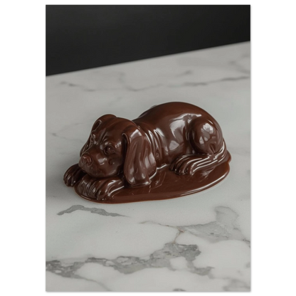 Närbild på glansig chokladhund som vilar på marmorunderlag, brun väggkonst