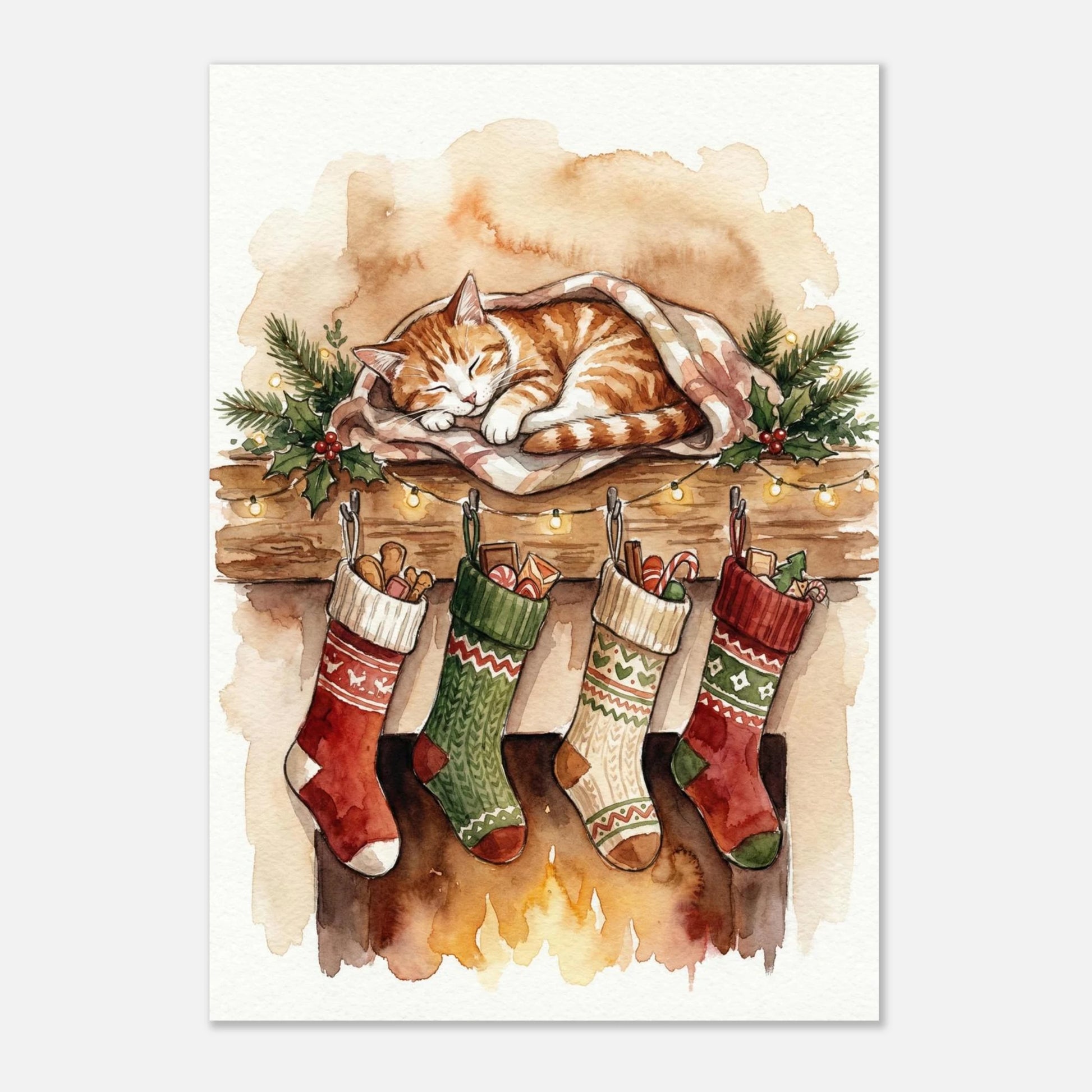 Klassiskt julmotiv med katt och dekorerad spiselkrans – konstnärligt canvastryck