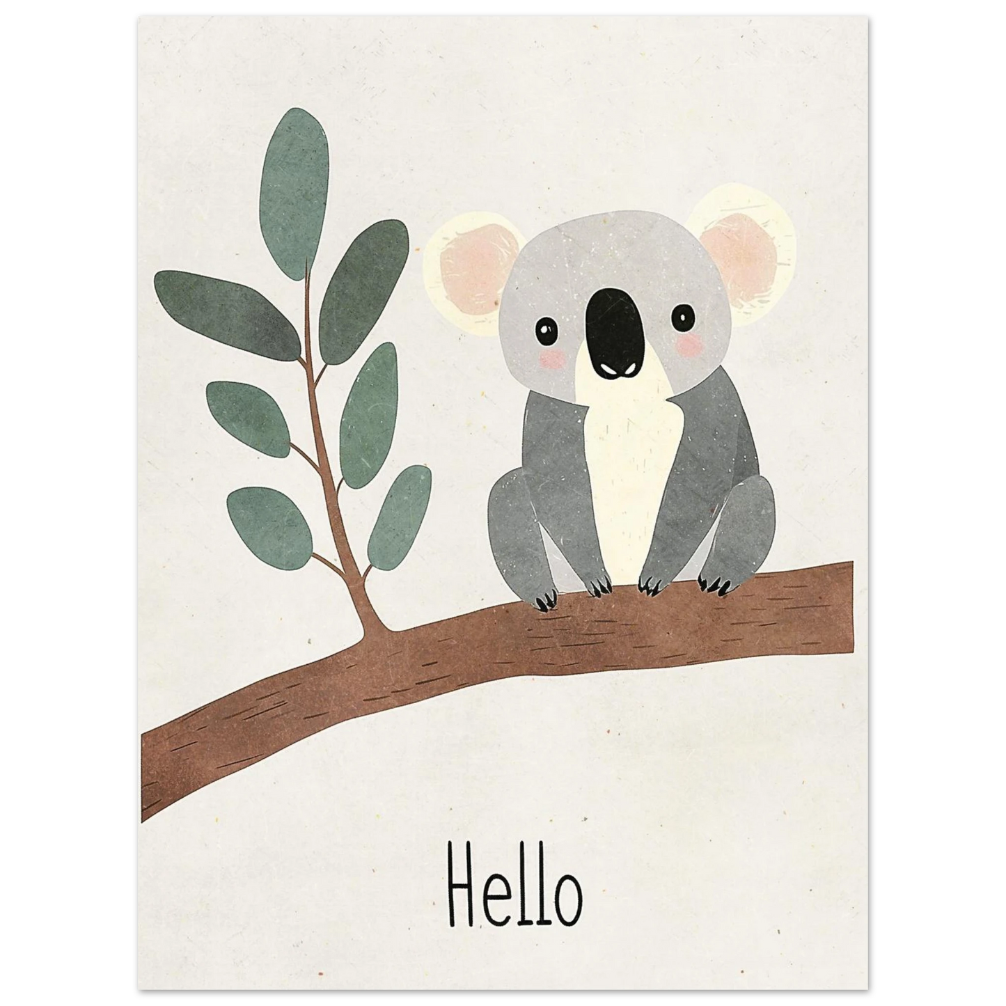 Handritad koala med rosa kinder på en gren, ljus djurposter