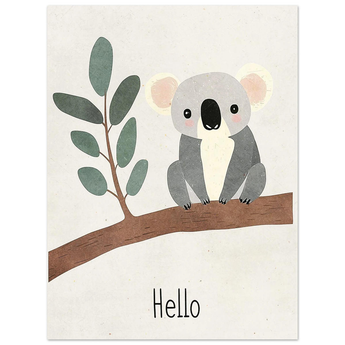 Handritad koala med rosa kinder på en gren, ljus djurposter