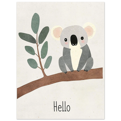 Handritad koala med rosa kinder på en gren, ljus djurposter