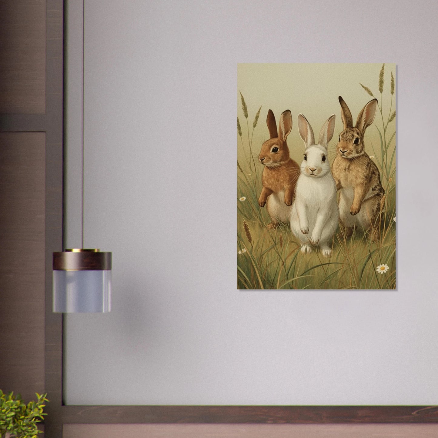 Scen där en tavelram sitter på en vägg, som visar de tre kaninerna i en realistisk rums-miljö. – Målad poster