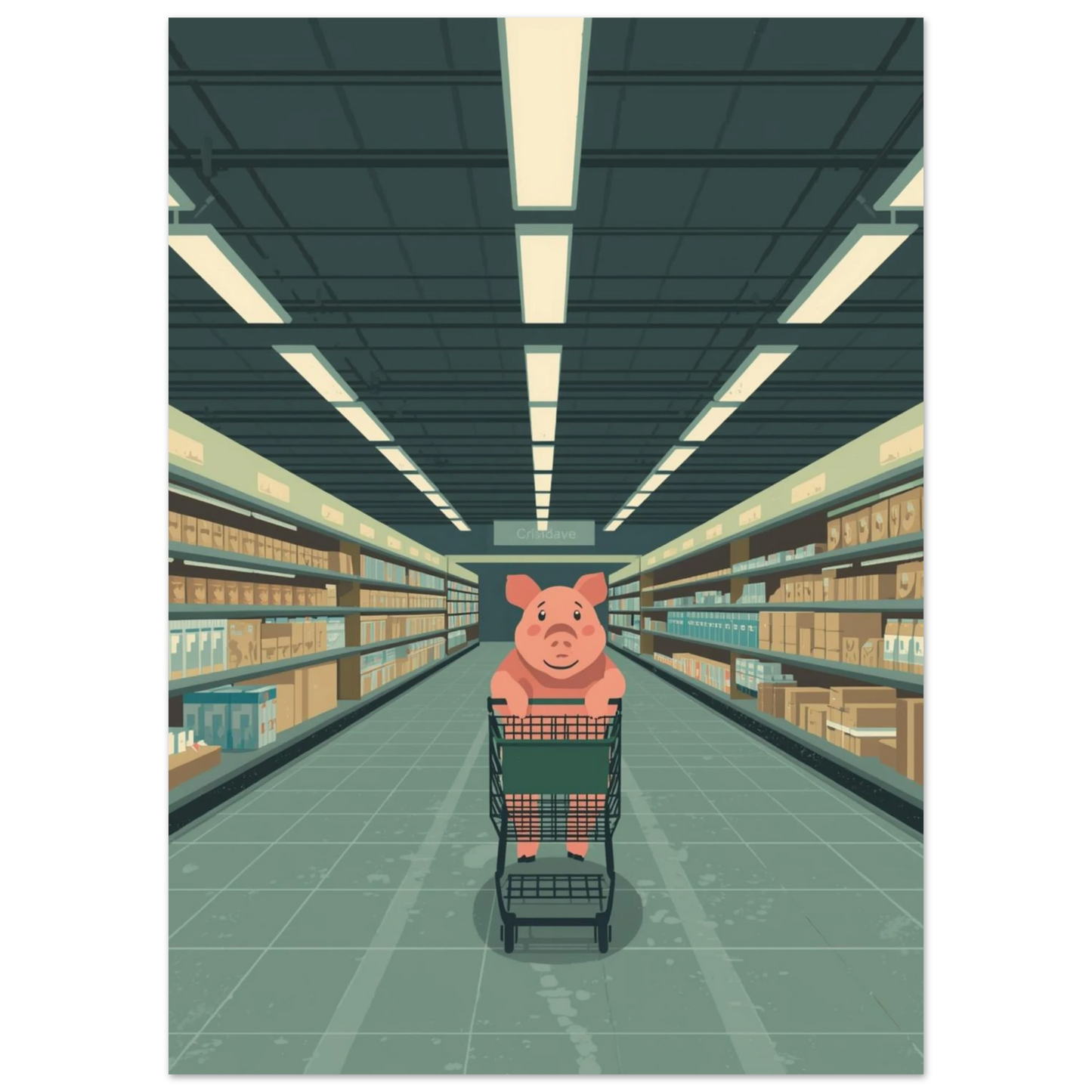 Glad gris som handlar i en olivgrön butiksmiljö – digital illustration