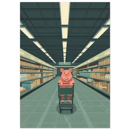 Glad gris som handlar i en olivgrön butiksmiljö – digital illustration