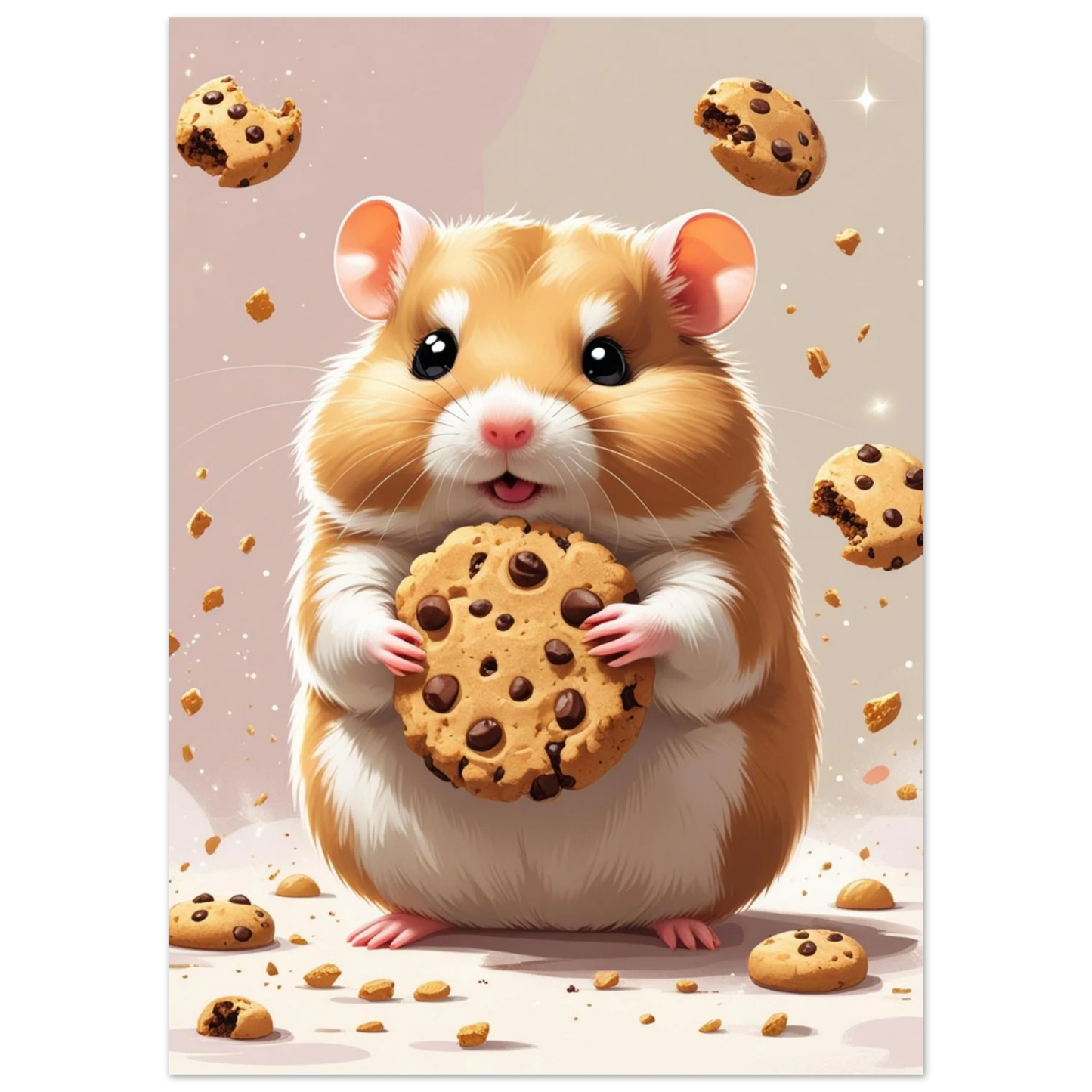 Fluffig hamster omgiven av svävande kaksmulor, söt djurposter för barnrum