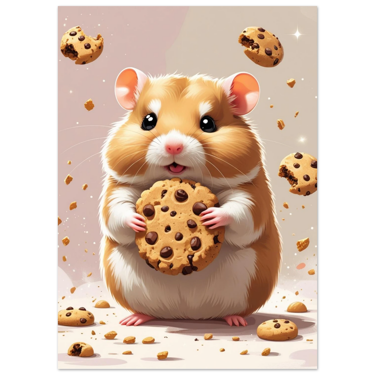 Fluffig hamster omgiven av svävande kaksmulor, söt djurposter för barnrum