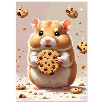 Fluffig hamster omgiven av svävande kaksmulor, söt djurposter för barnrum