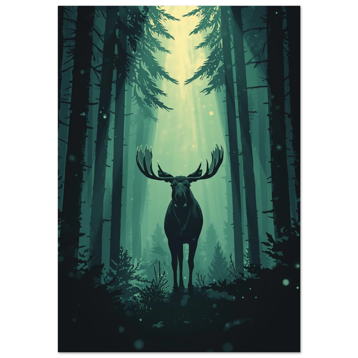 Grafisk poster av en älg i mörkgrön granskog med ljusstrålar