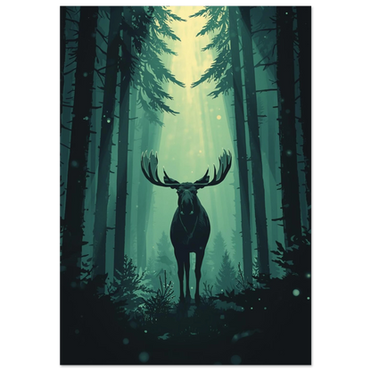 Grafisk poster av en älg i mörkgrön granskog med ljusstrålar