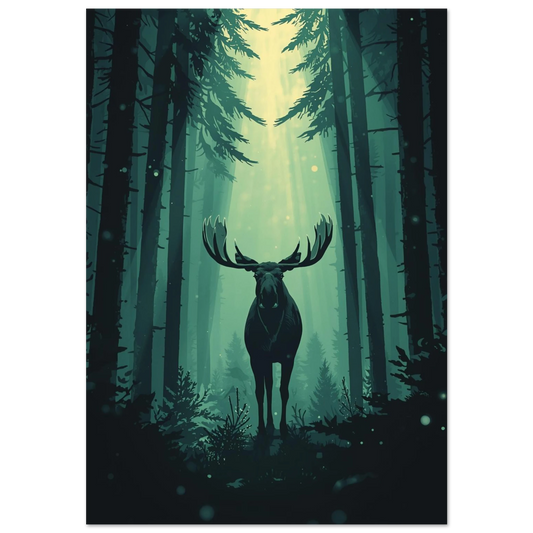 Grafisk poster av en älg i mörkgrön granskog med ljusstrålar
