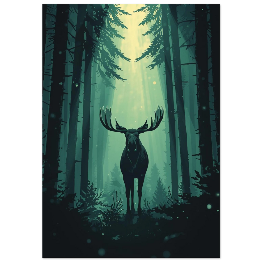 Grafisk poster av en älg i mörkgrön granskog med ljusstrålar