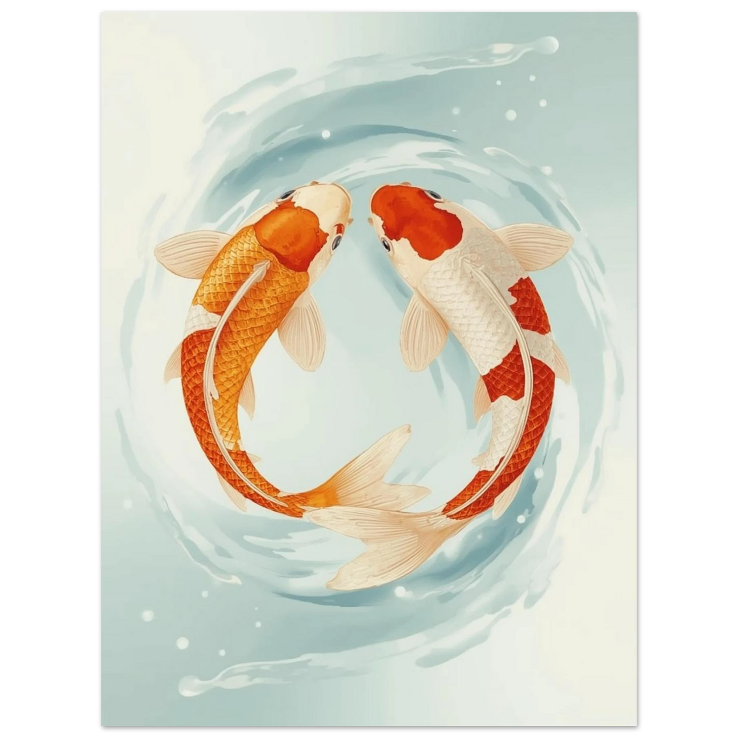 Japansk fiskposter med två dekorativa koi-fiskar mot en ljusblå bakgrund