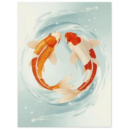 Japansk fiskposter med två dekorativa koi-fiskar mot en ljusblå bakgrund